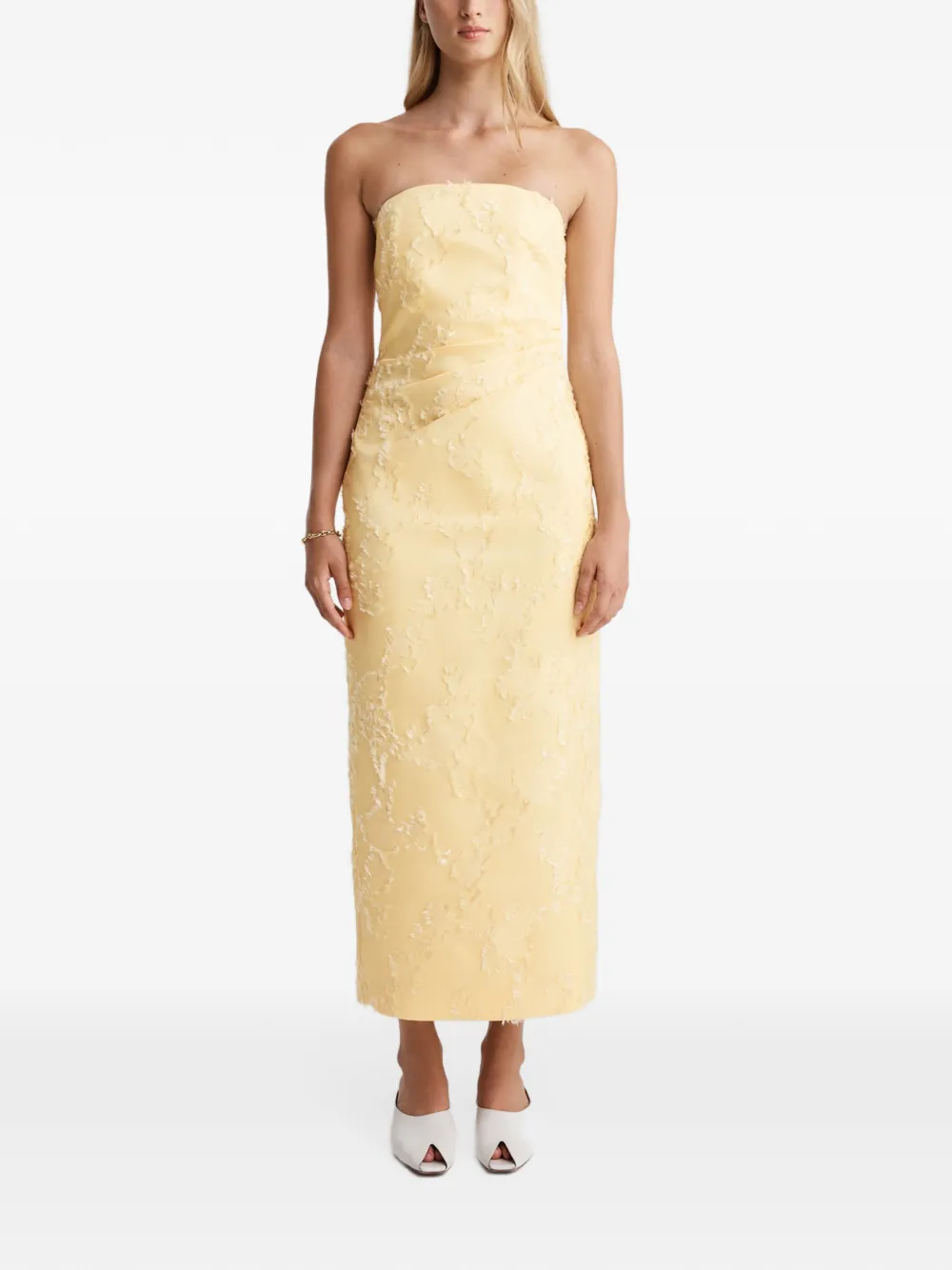 Anna Quan Johanna strapless fringed midi dress Geel