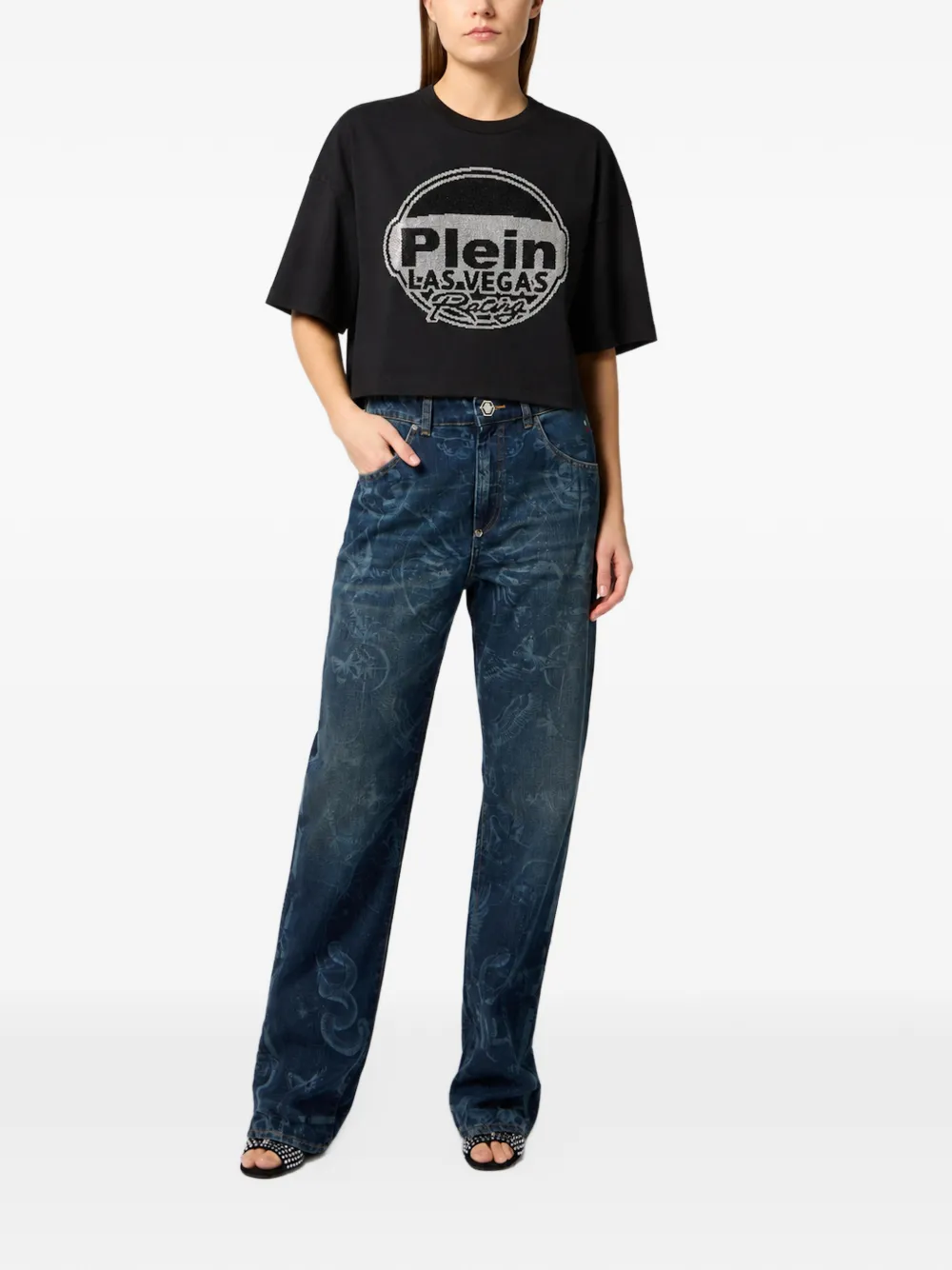 Philipp Plein crop t-shirt Las Vegas racing Zwart
