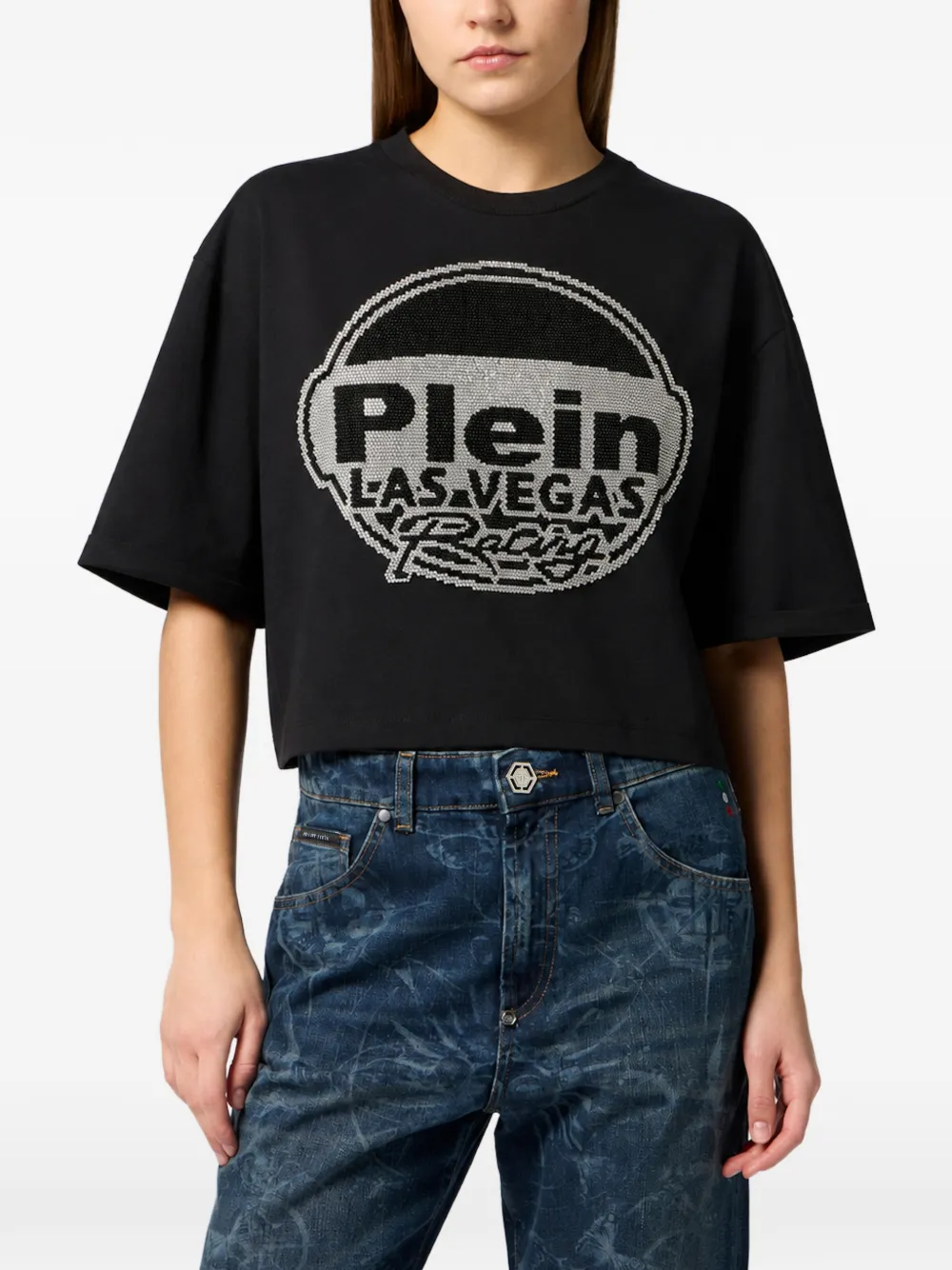 Philipp Plein crop t-shirt Las Vegas racing Zwart
