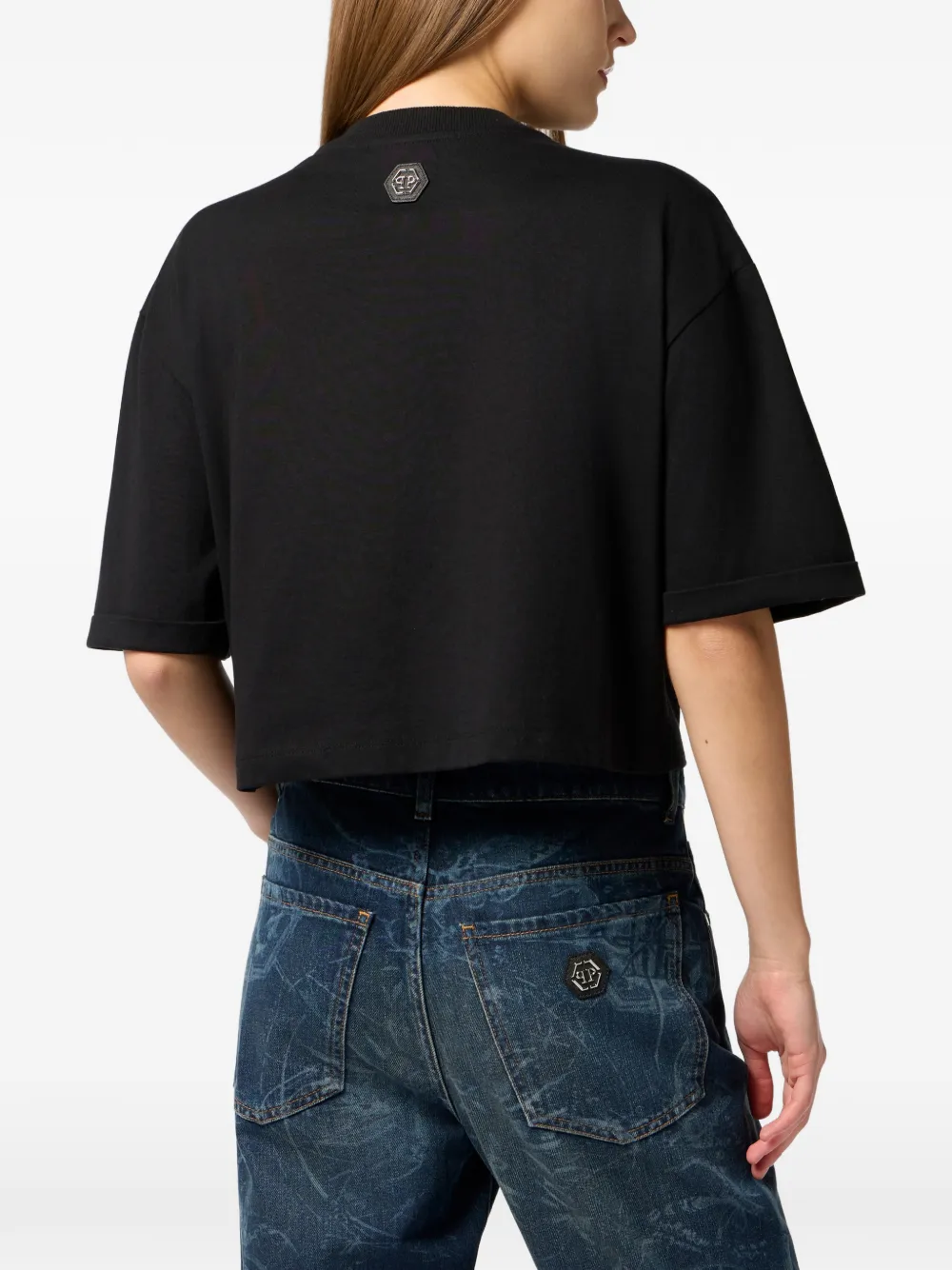 Philipp Plein crop t-shirt Las Vegas racing Zwart