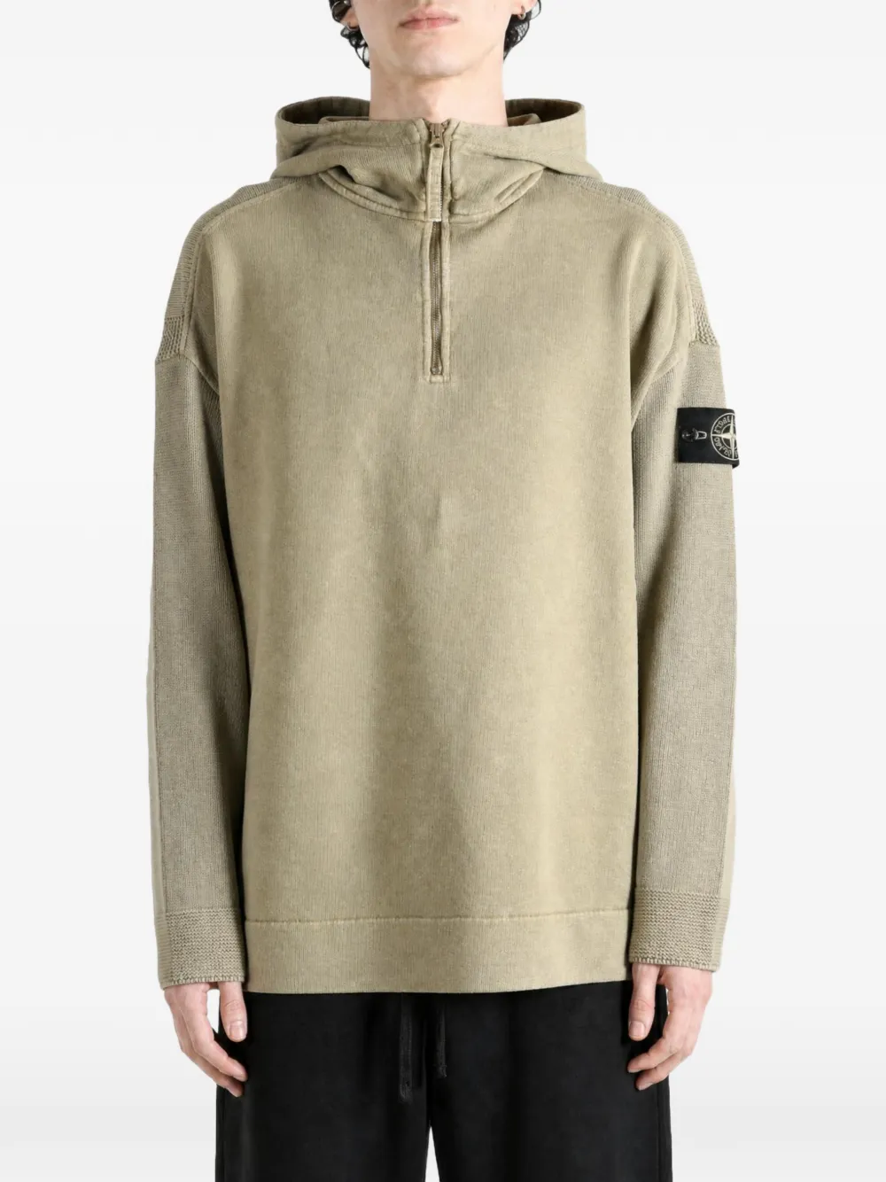 Stone Island 5100033 mixed-fabric in mineral-dyed-regenerated cotton loose-fit hooded half-zip sweatshirt with knit panels Groen