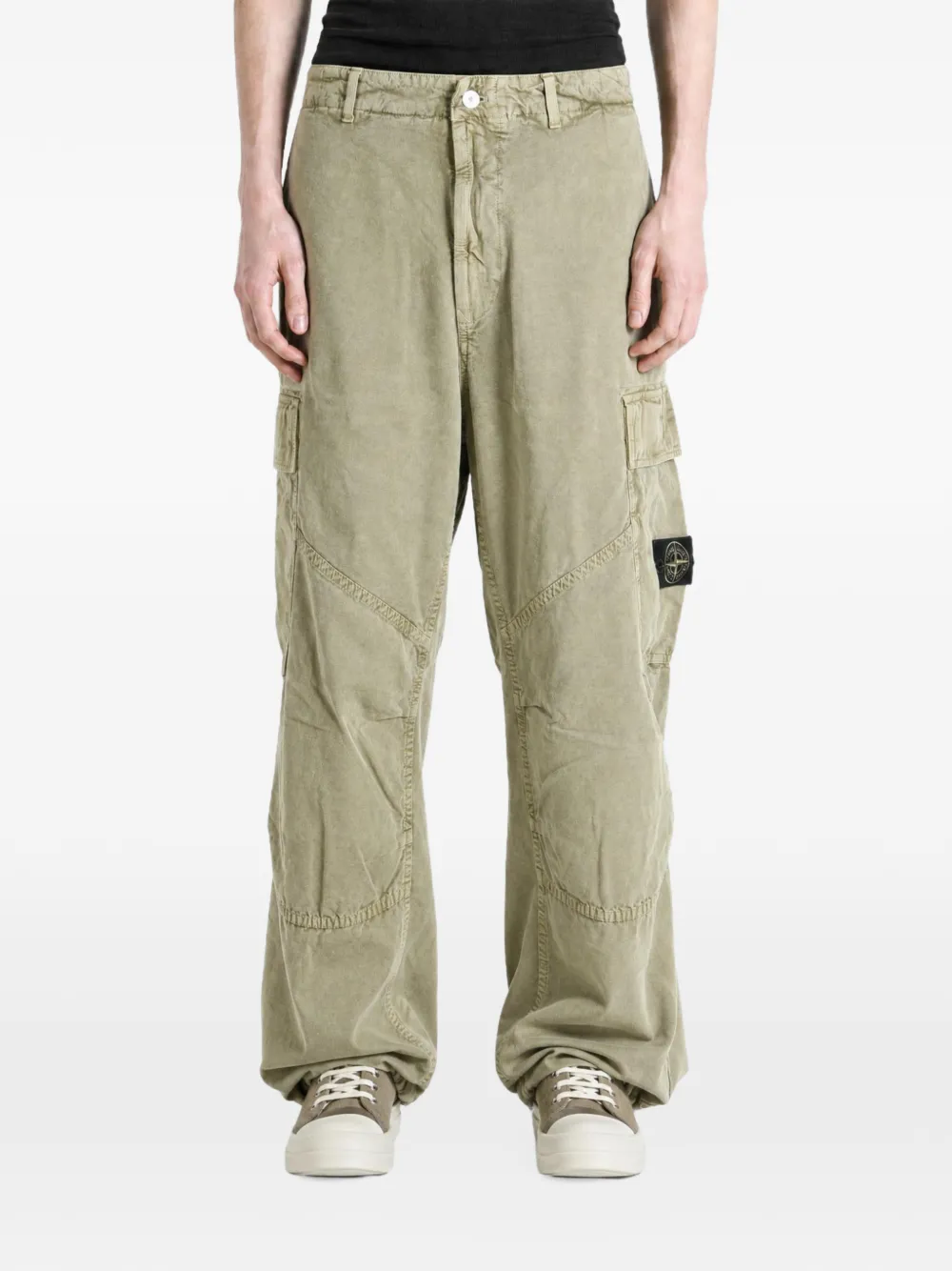 Stone Island 3100038 mineral-dyed-panama cotton loose-fit cargo pants with drawstring cuffs Groen