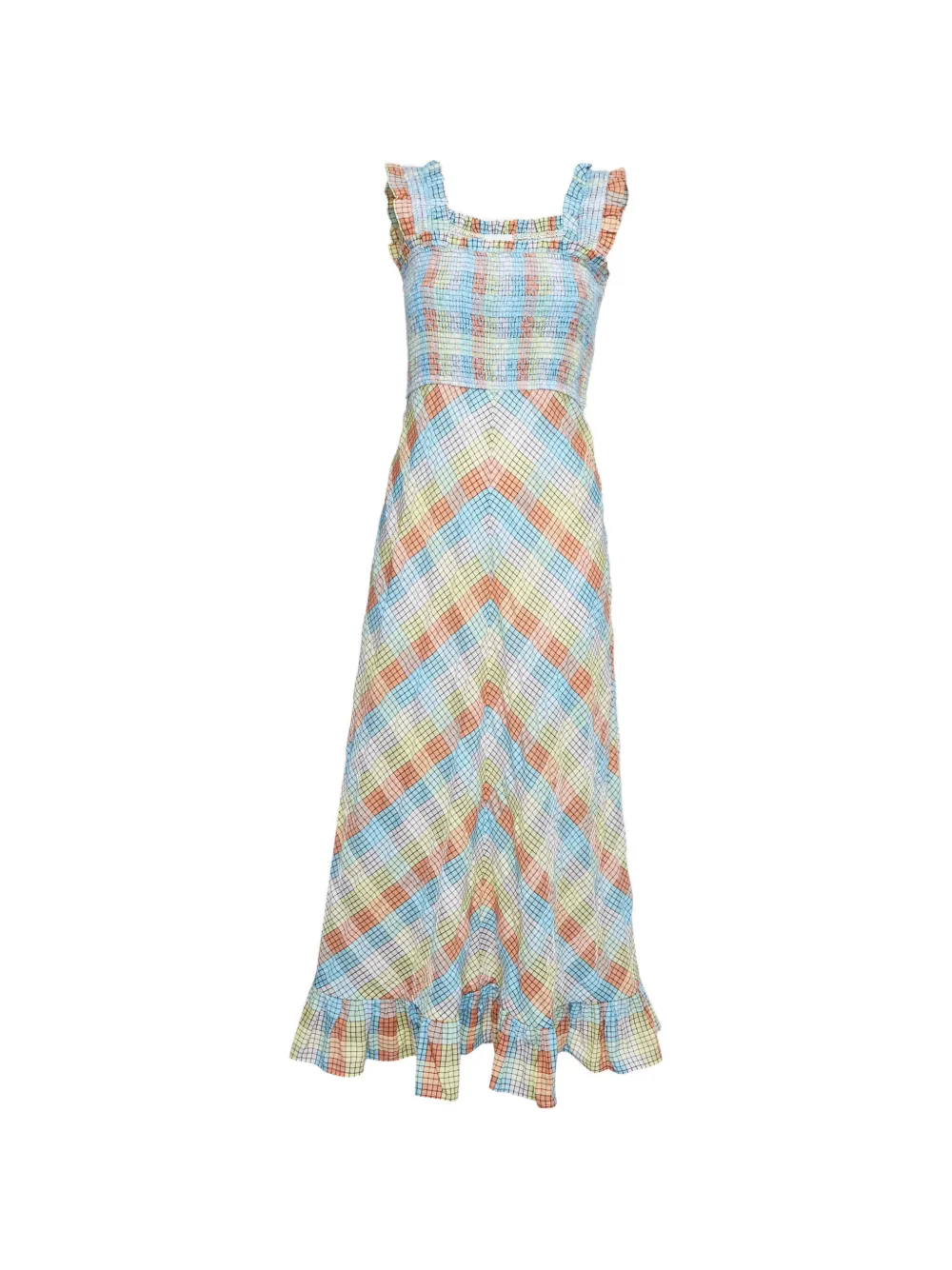 GANNI smocked seersucker midi dress - Blu