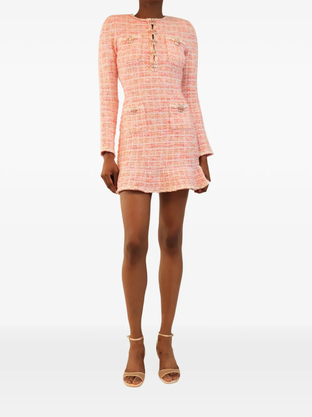 Self-Portrait bouclé ruffled mini dress - Rosa