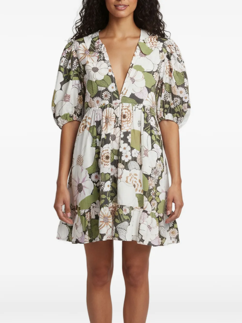 Maje floral-print puff-sleeve mini dress - Bianco