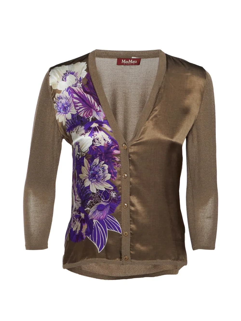 Max Mara floral-print silk-panel cardigan - Marrone