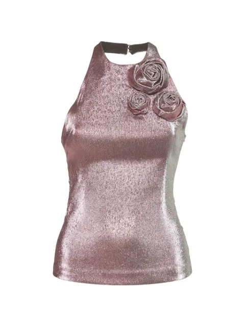 AREA rosette-detail lamé halter top