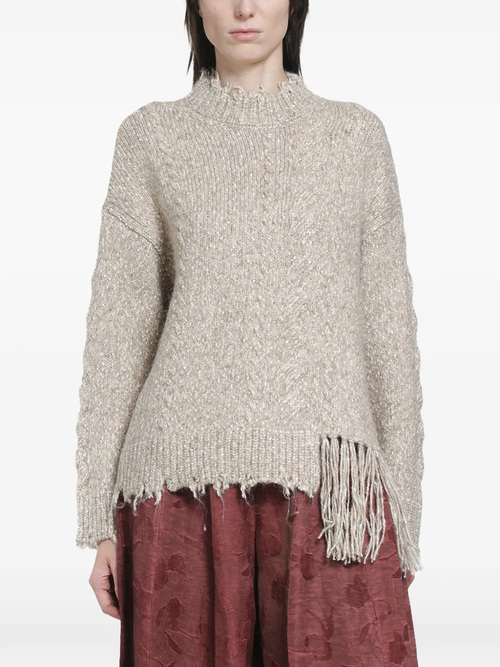 YA YI Mantra cable-knit fringe sweater - Toni neutri