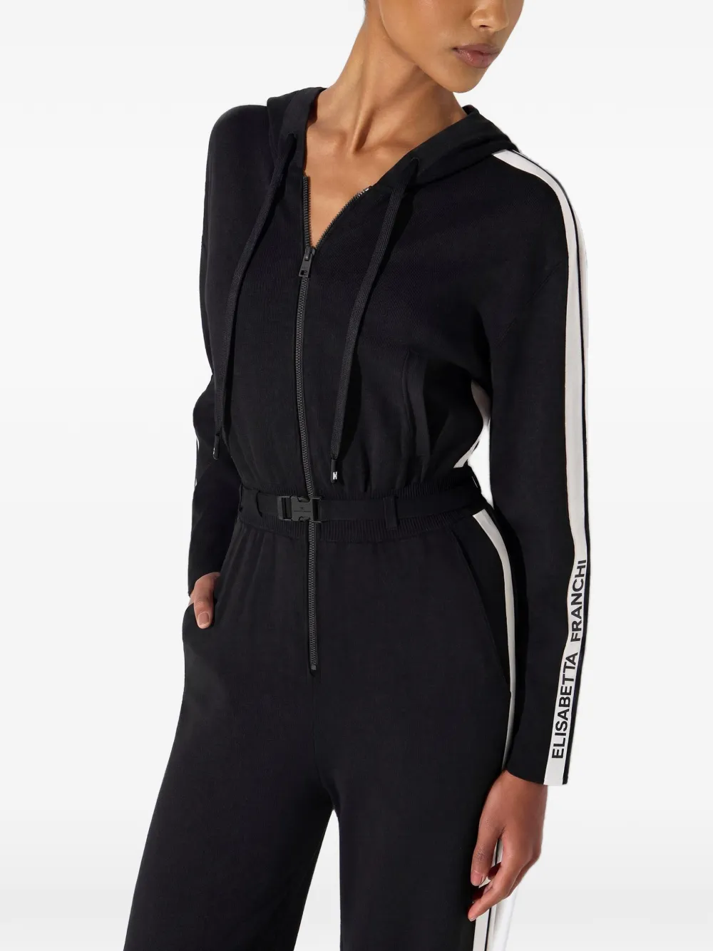 Elisabetta Franchi two-colour knit jumpsuit with logo Zwart