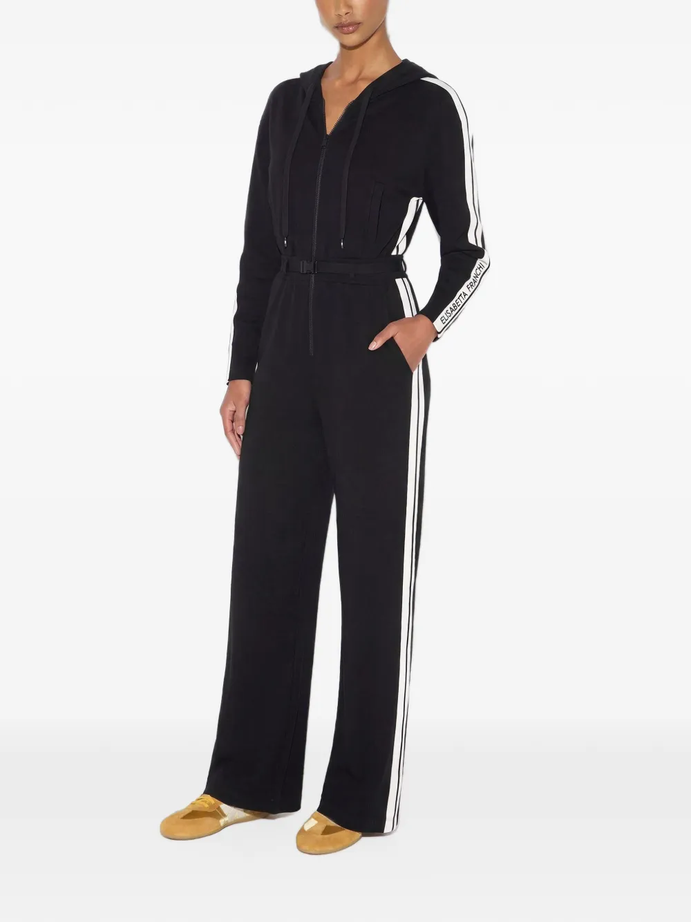 Elisabetta Franchi two-colour knit jumpsuit with logo Zwart