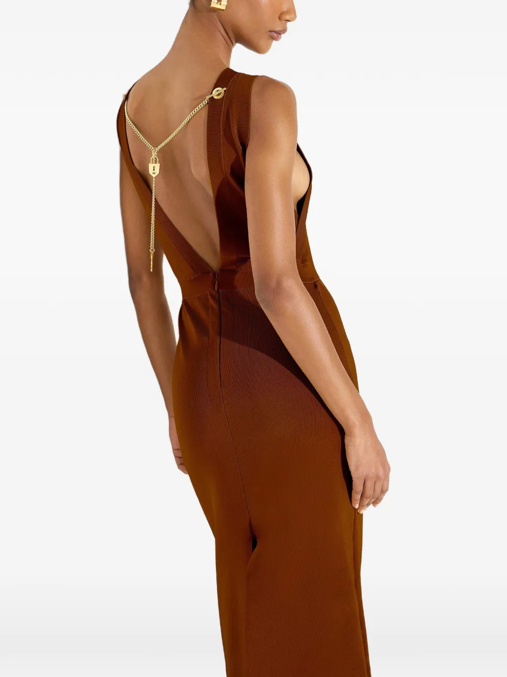 Elisabetta Franchi red carpet dress in shiny viscose fabric with charms Bruin