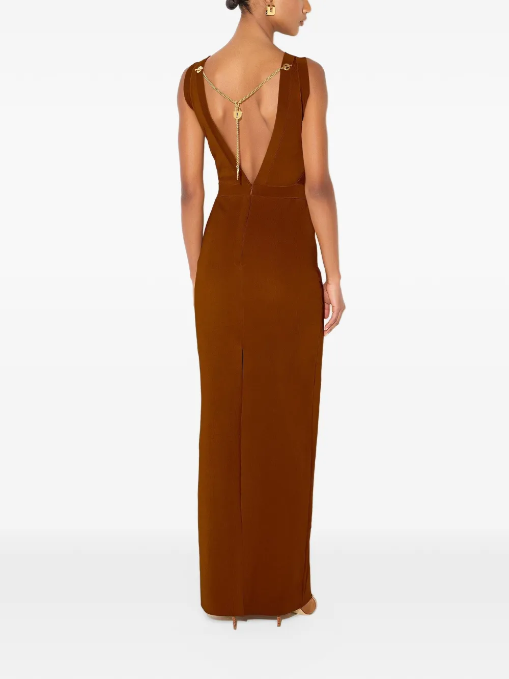 Elisabetta Franchi red carpet dress in shiny viscose fabric with charms Bruin