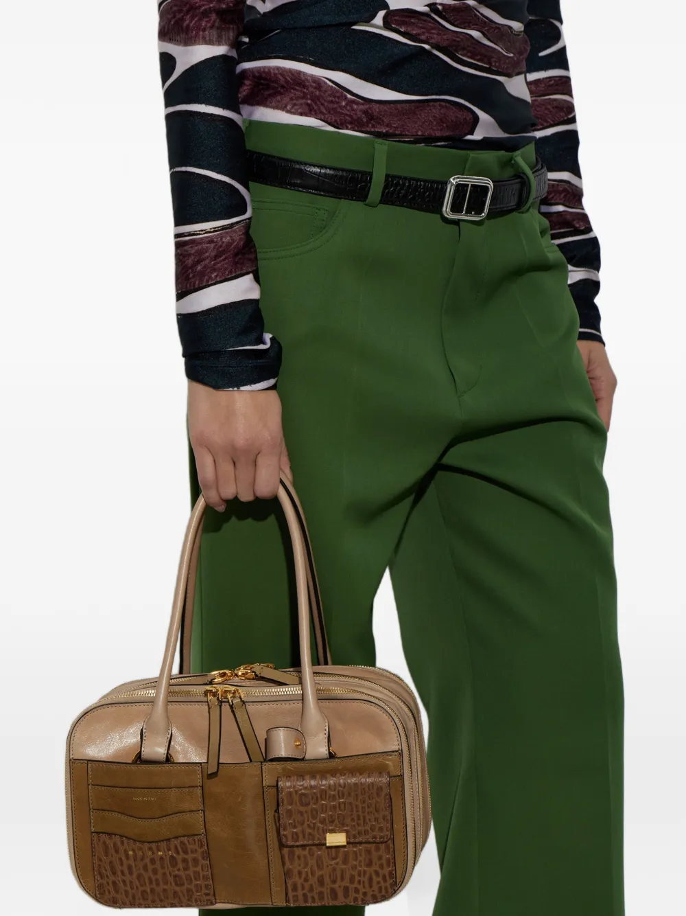 Marni croc-effect panelled leather tote bag - Marrone