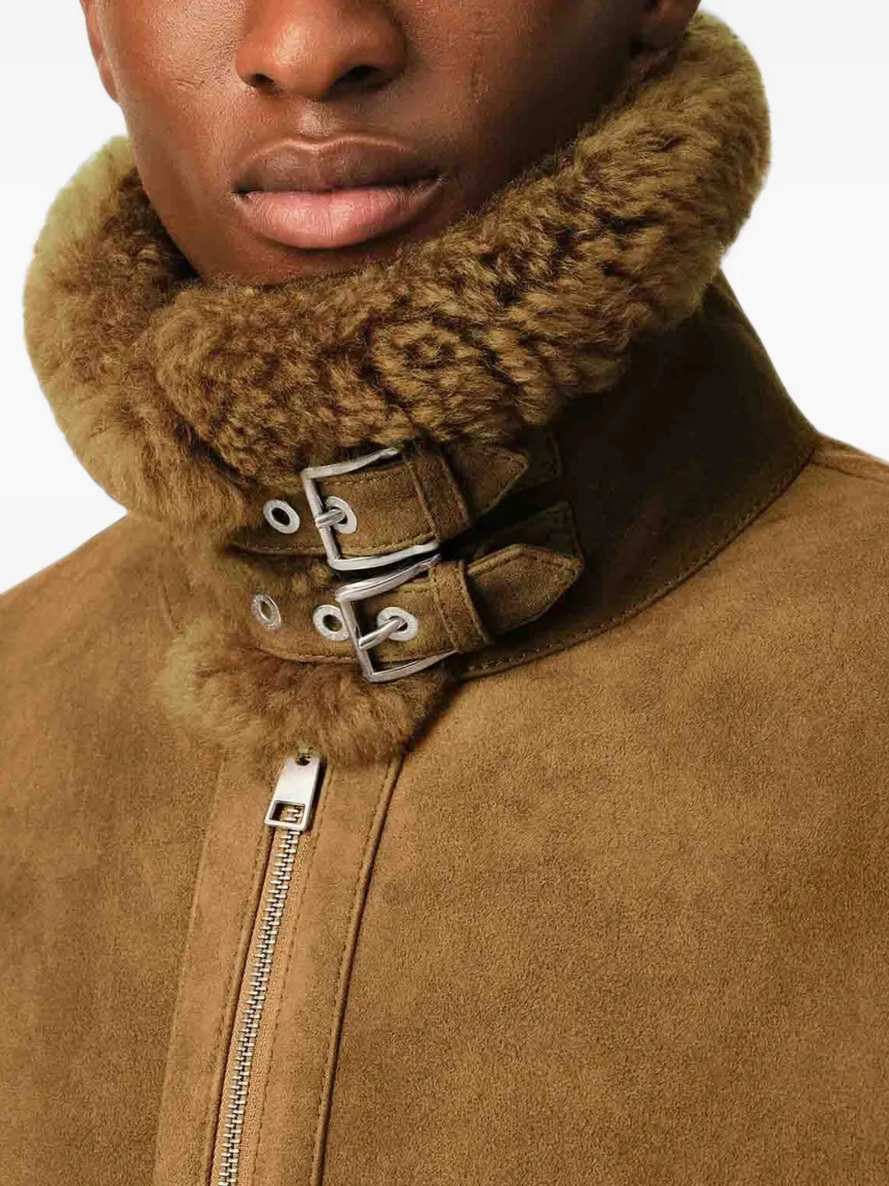 AMI Paris shearling buckle-collar jacket Bruin