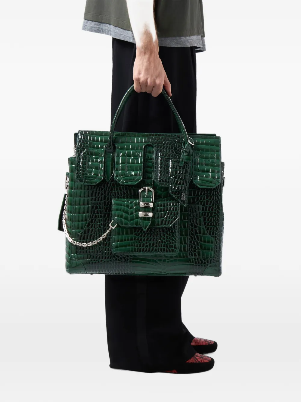 GCDS big Man Bag croc-effect logo-patch tote bag Groen