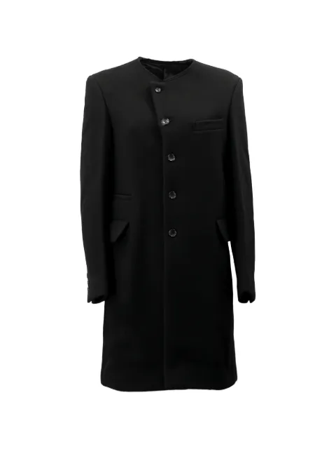 Black Comme Des Garçons collarless asymmetric overcoat