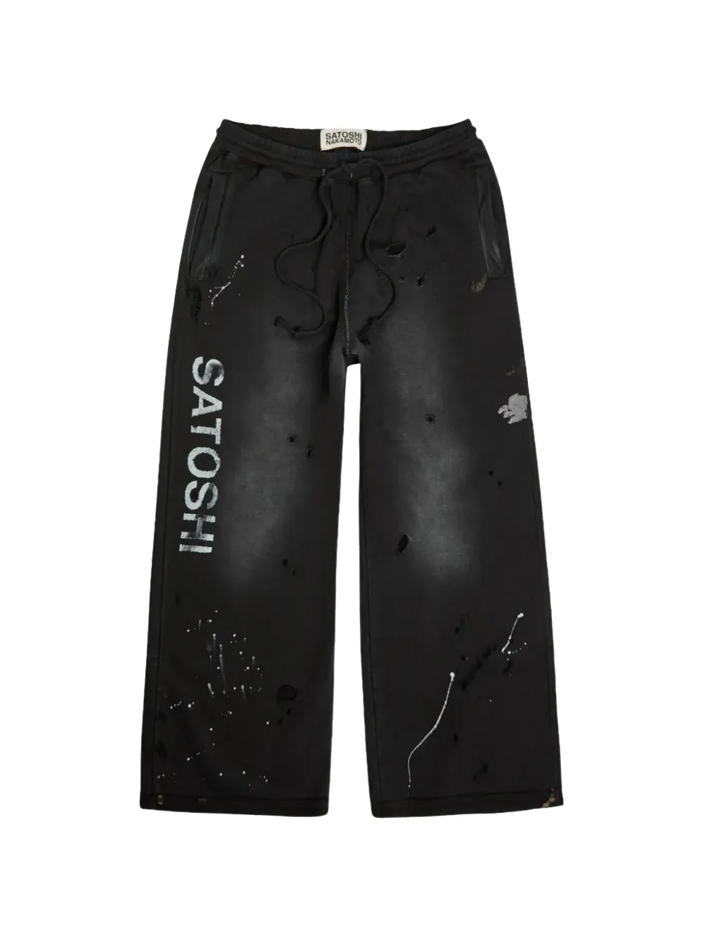 SATOSHI NAKAMOTO distressed paint-splatter track pants - Nero