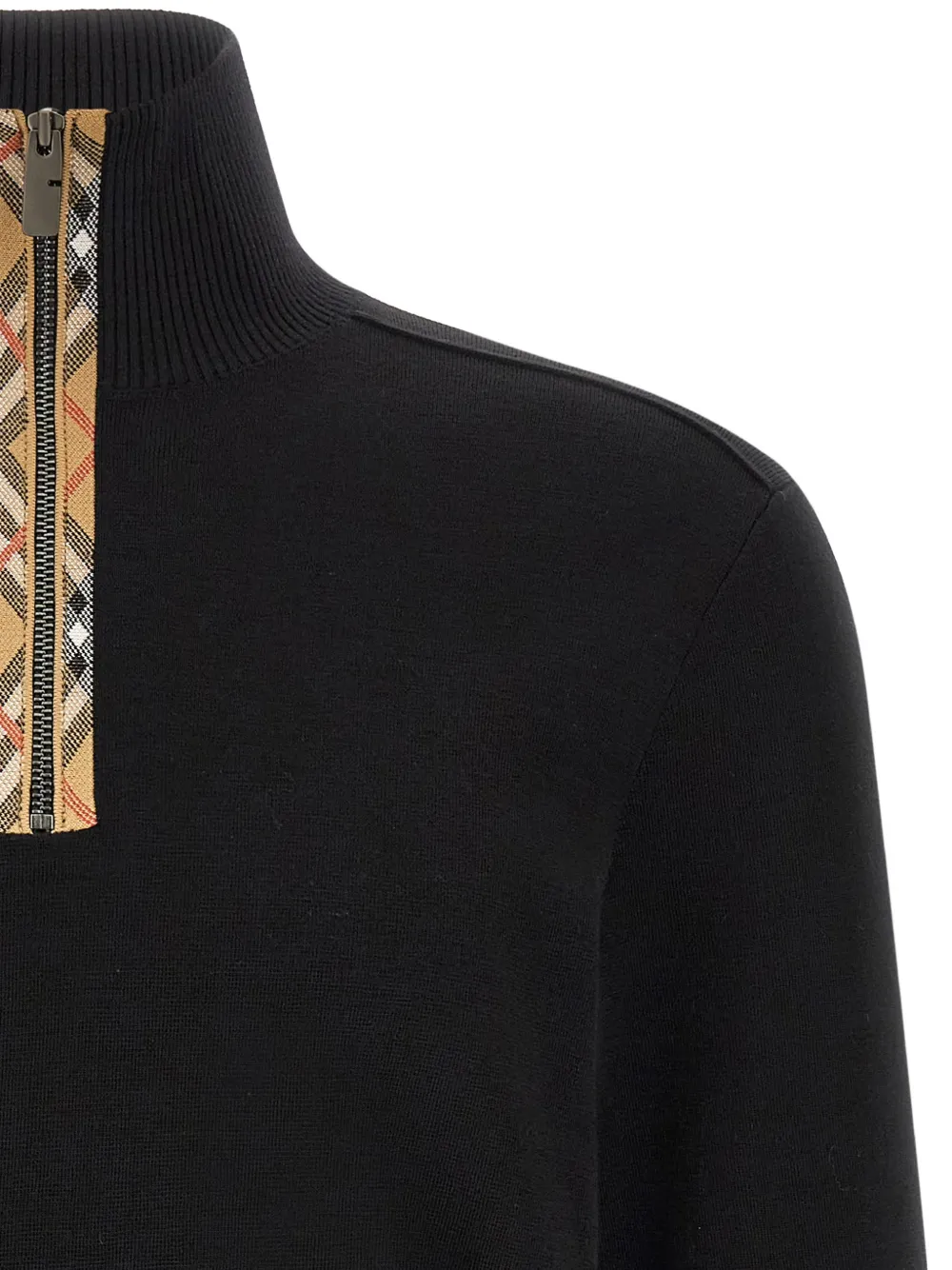Burberry check trim wool half-zip sweater Zwart