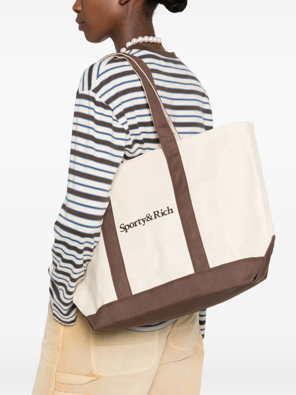 Sporty & Rich medium Mona logo-embroidered tote bag Beige