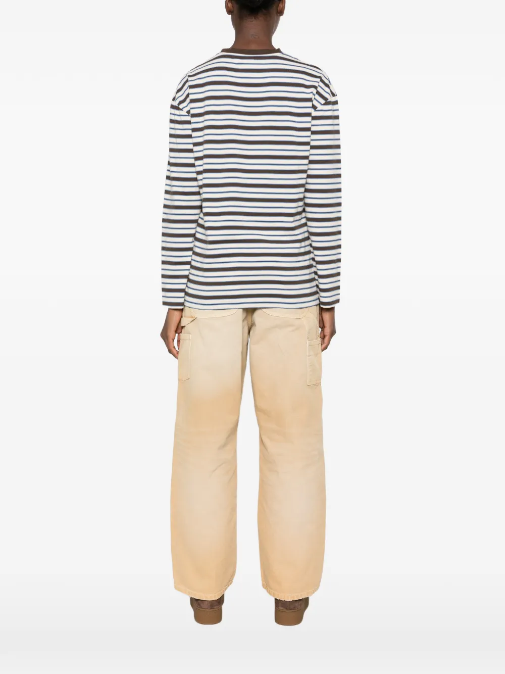 Sporty & Rich striped-pattern logo-embroidered T-shirt Beige