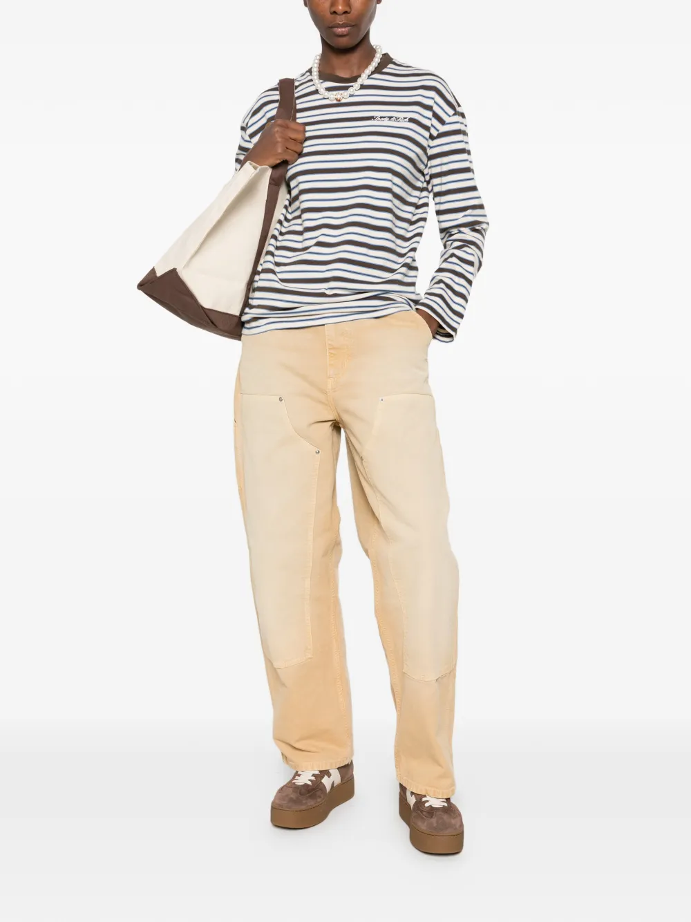 Sporty & Rich striped-pattern logo-embroidered T-shirt Beige
