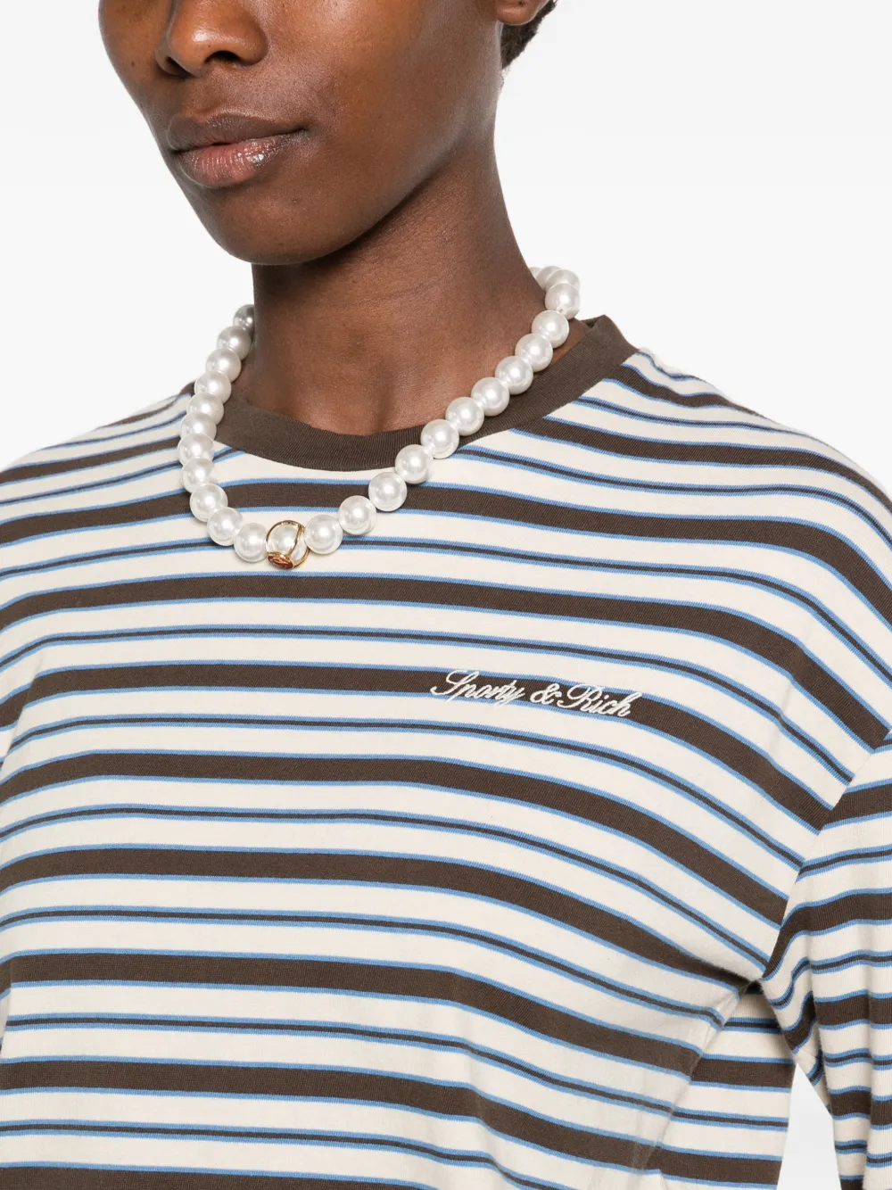 Sporty & Rich striped-pattern logo-embroidered T-shirt Beige