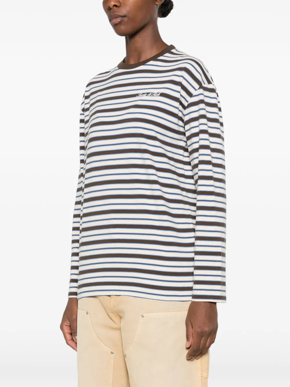 Sporty & Rich striped-pattern logo-embroidered T-shirt Beige