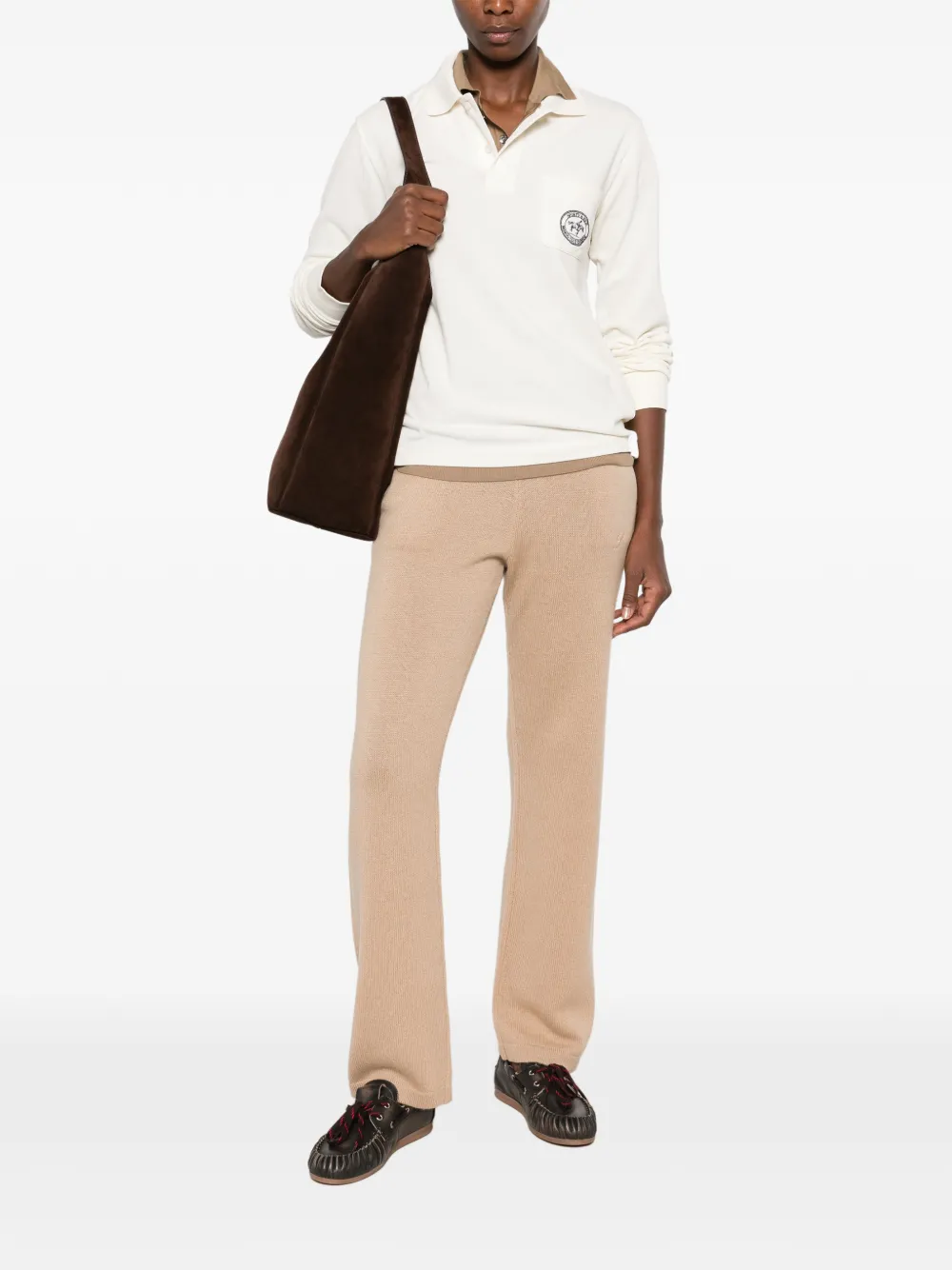 Sporty & Rich Perry logo-patch long-sleeve polo shirt Beige