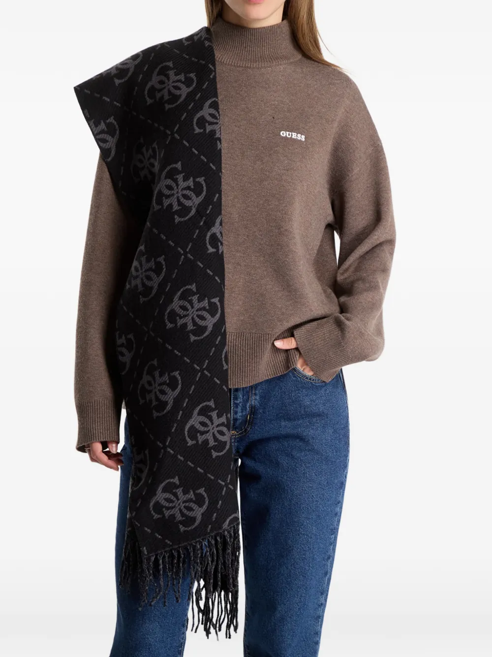 GUESS USA monogram fringe-trim scarf Grijs