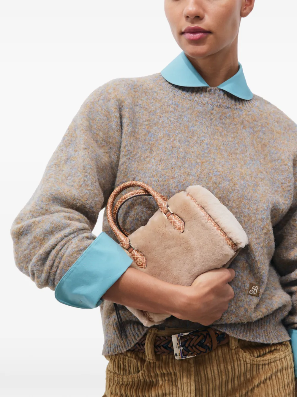 Tory Burch T Monogram shearling petite barrel bag Beige