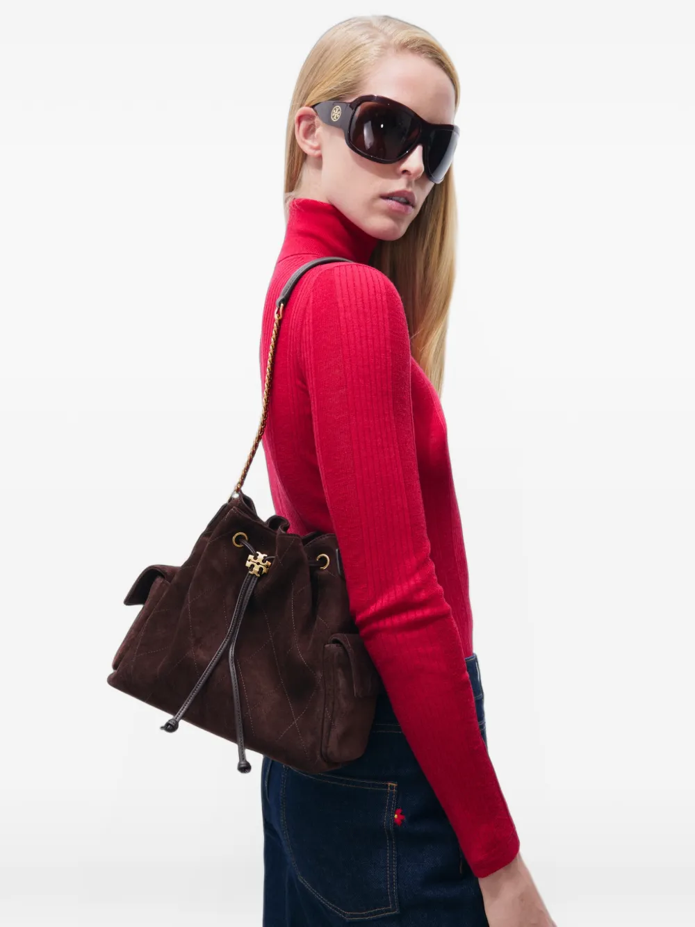 Tory Burch Charlie quilted suede drawstring shoulder bag Bruin
