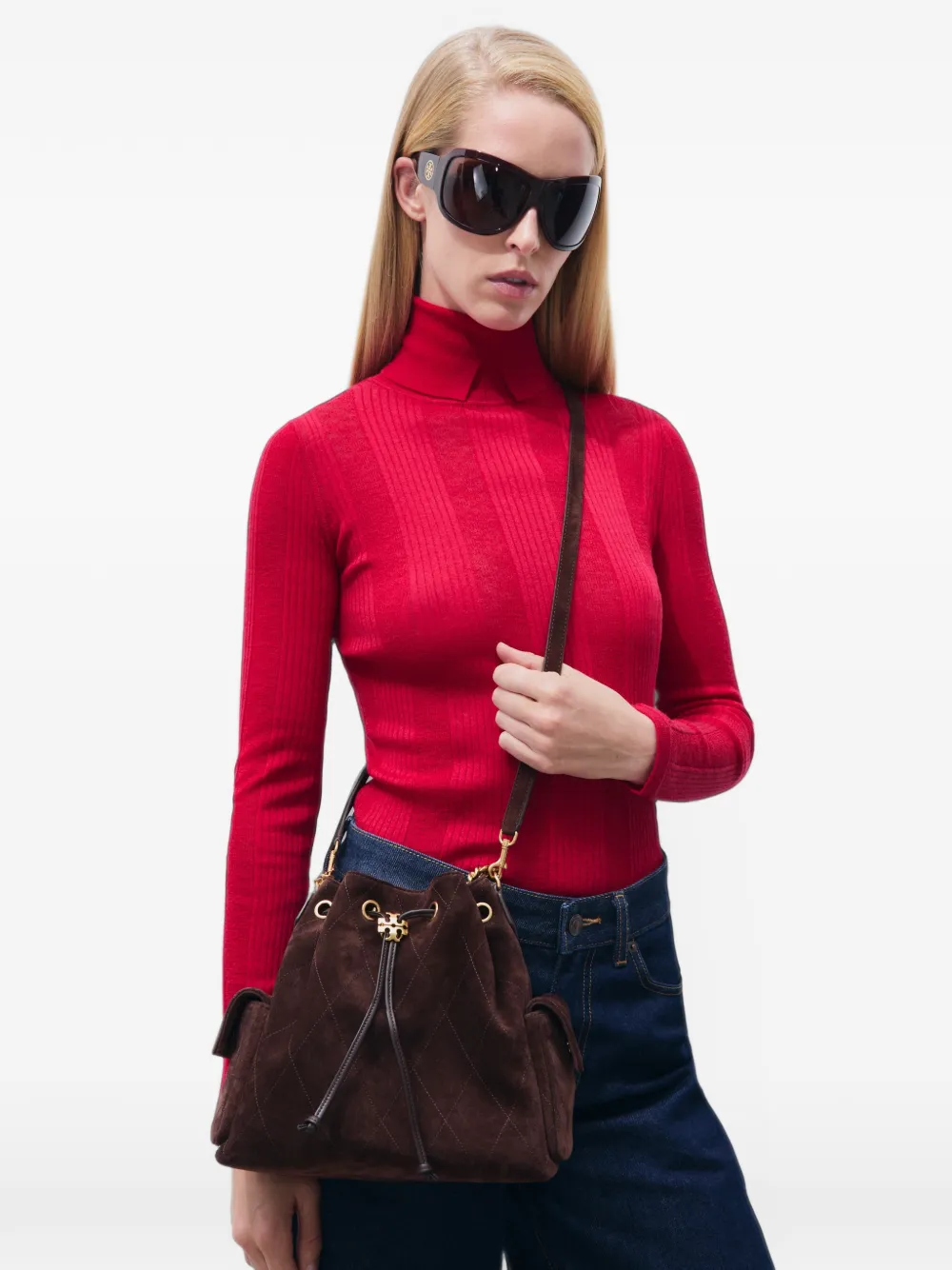 Tory Burch Charlie quilted suede drawstring shoulder bag Bruin