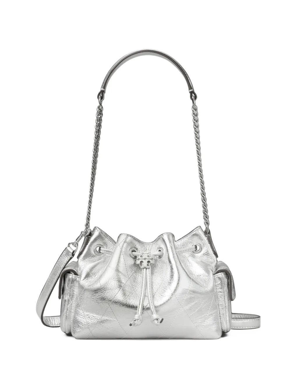 Tory Burch Borsa a spalla Charlie mini metallizzata, trapuntata e con coulisse - Grigio