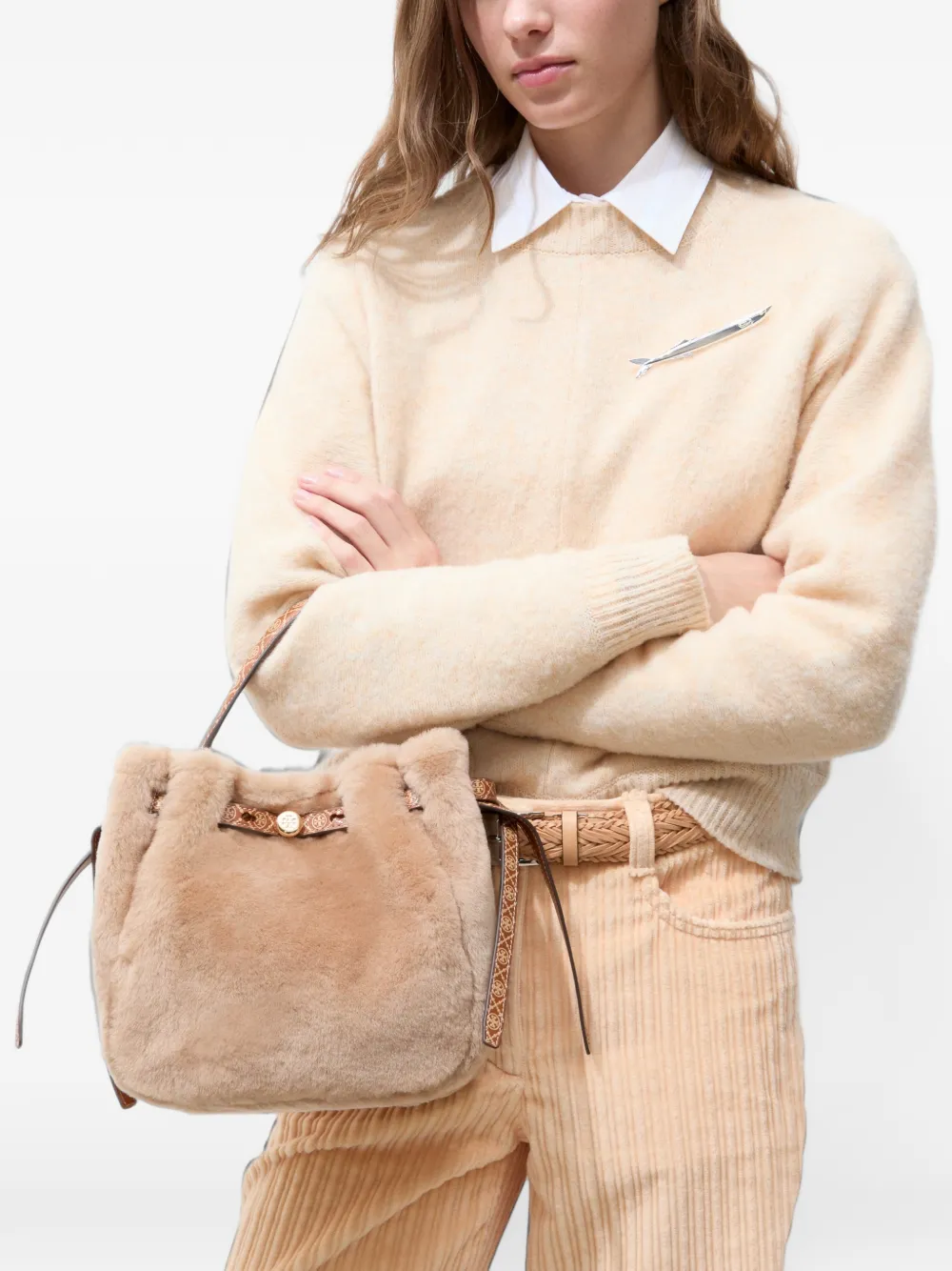 Tory Burch Romy shearling bucket bag Beige