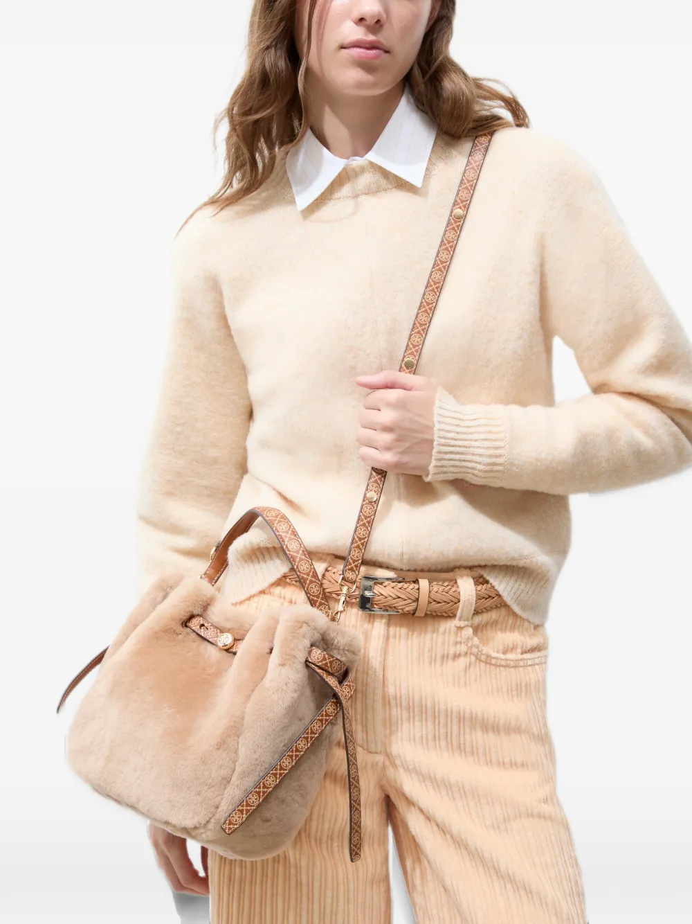 Tory Burch Romy shearling bucket bag Beige