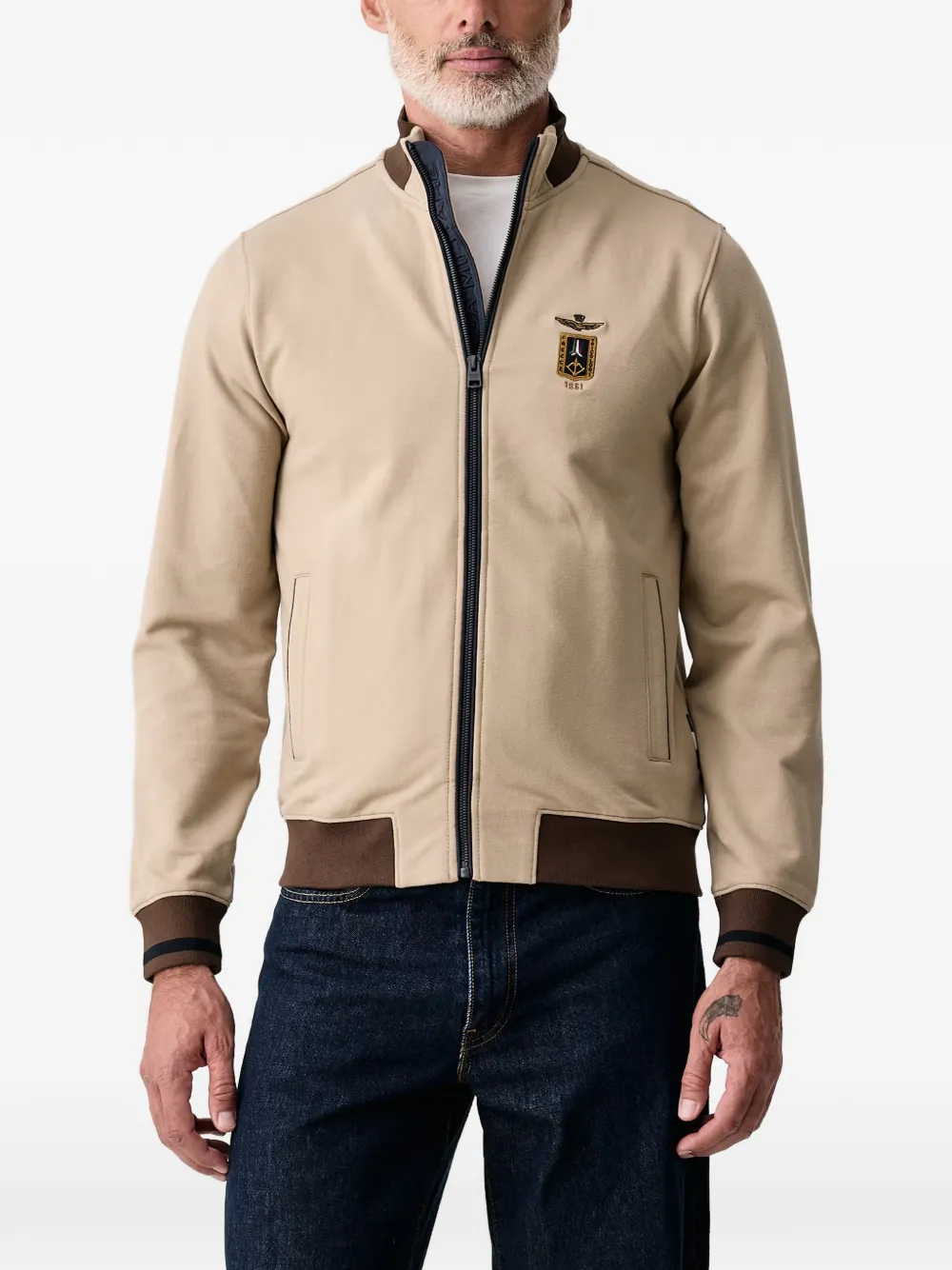 Aeronautica Militare logo-detail zip-up sweatshirt Beige