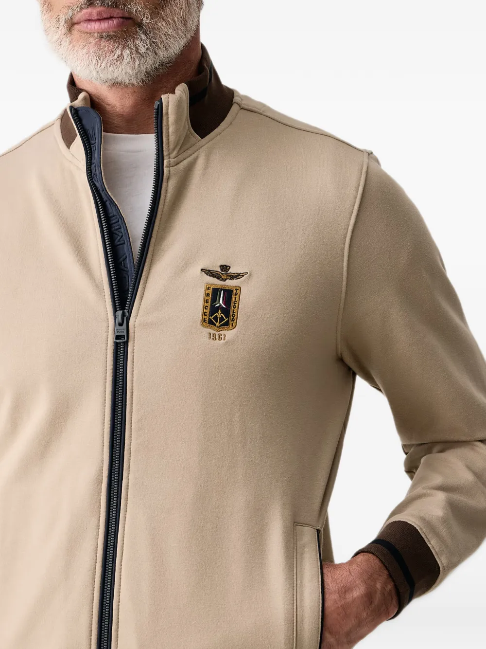 Aeronautica Militare logo-detail zip-up sweatshirt Beige