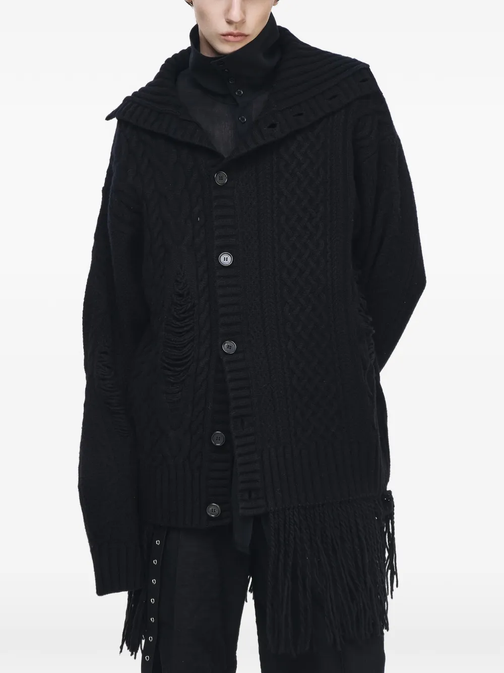SONGZIO Plastron distressed cable-knit cardigan - Nero
