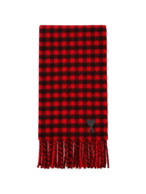 AMI Paris red checkered wool scarf with Ami de Coeur