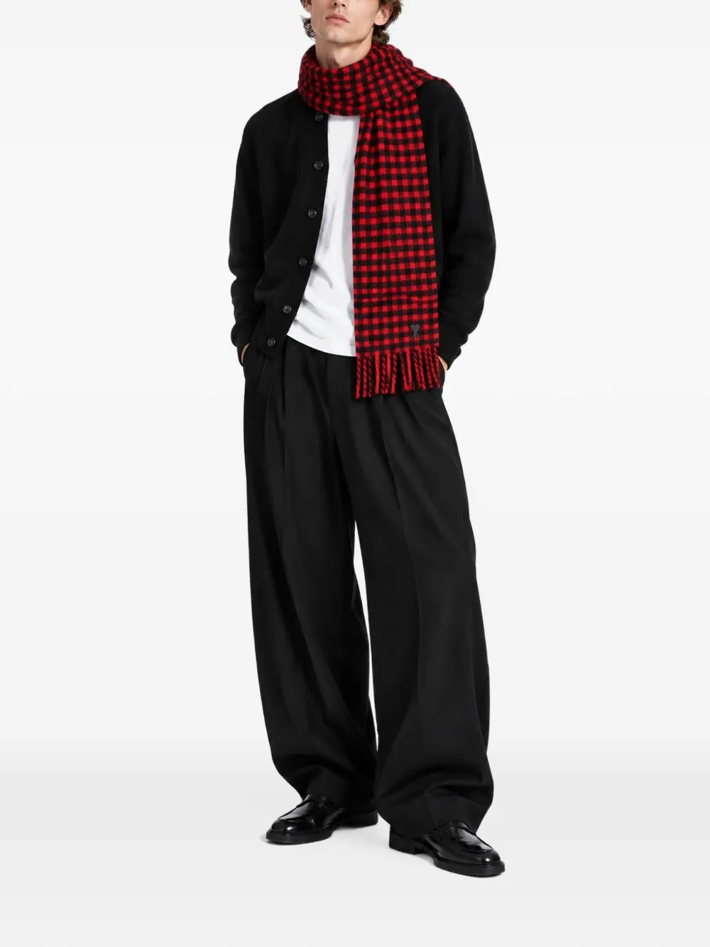 AMI Paris red checkered wool scarf with Ami de Coeur Rood