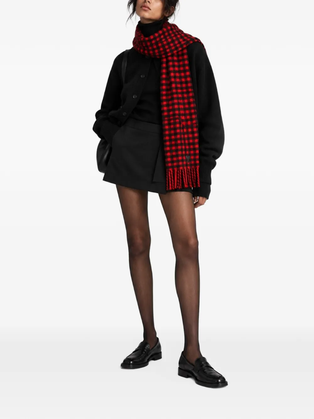 AMI Paris red checkered wool scarf with Ami de Coeur Rood