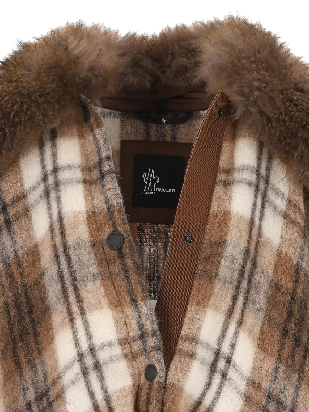 Moncler Grenoble check-pattern shearling-collar cape Bruin