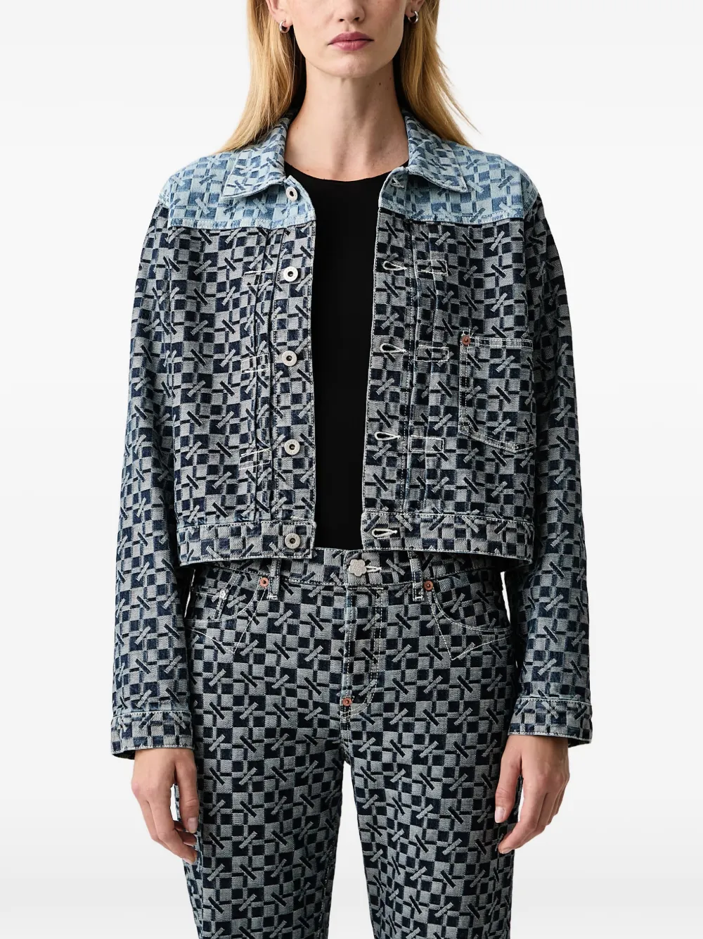 Kenzo gram monogram-pattern cropped denim jacket Blauw