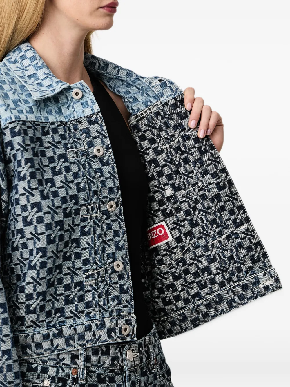 Kenzo gram monogram-pattern cropped denim jacket Blauw