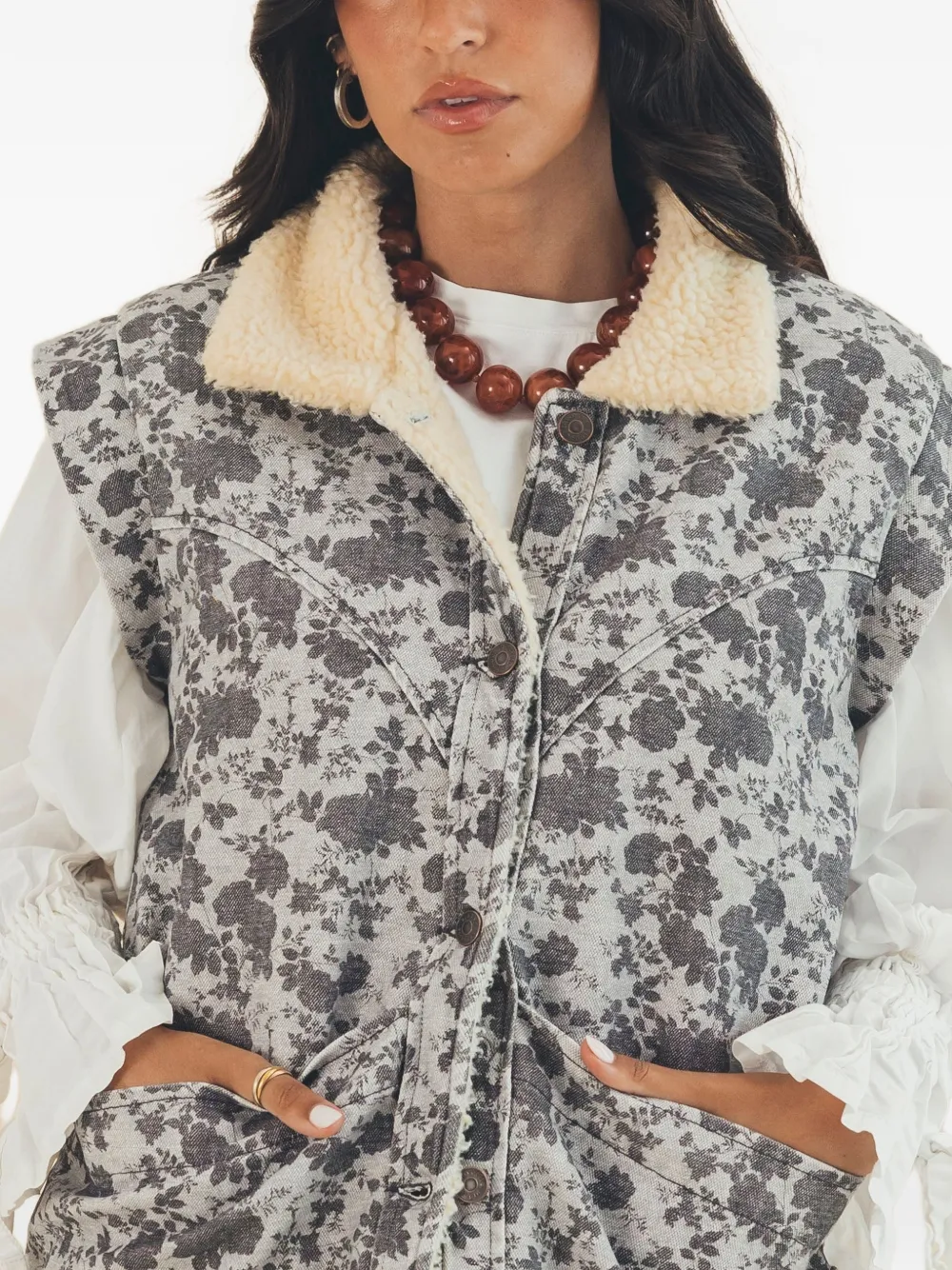 Favorite People Golden Hour floral-print sherpa-collar gilets Grijs