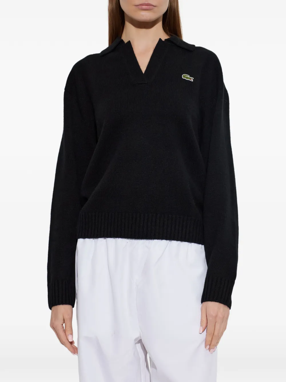 Lacoste 3D cashmere knit polo-collar sweater Zwart