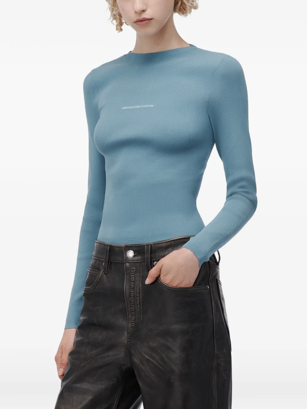 Alexander Wang jacquard logo long-sleeve crew-neck top Blauw