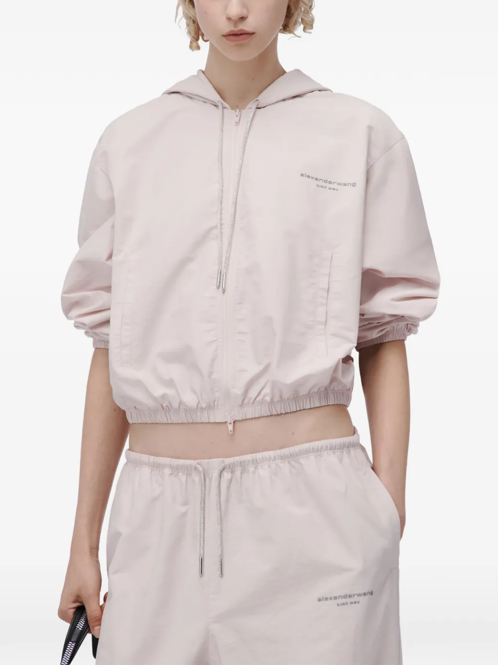 Alexander Wang crystal hotfix drawcord Shrunken hoodie jacket Roze