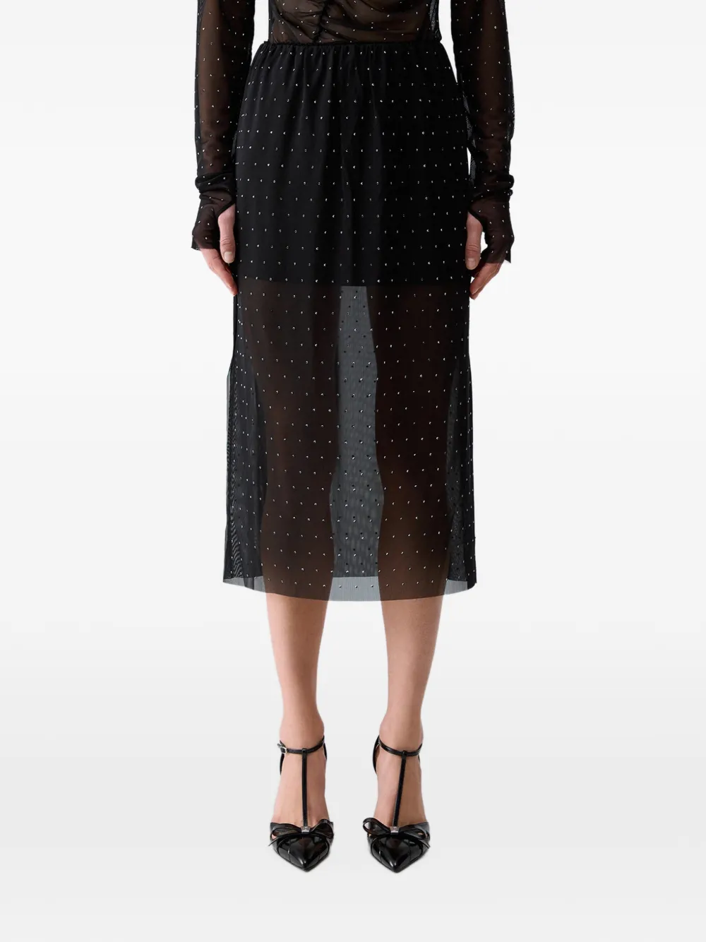 LIU JO midi skirt in tulle with jewel embroidery Zwart