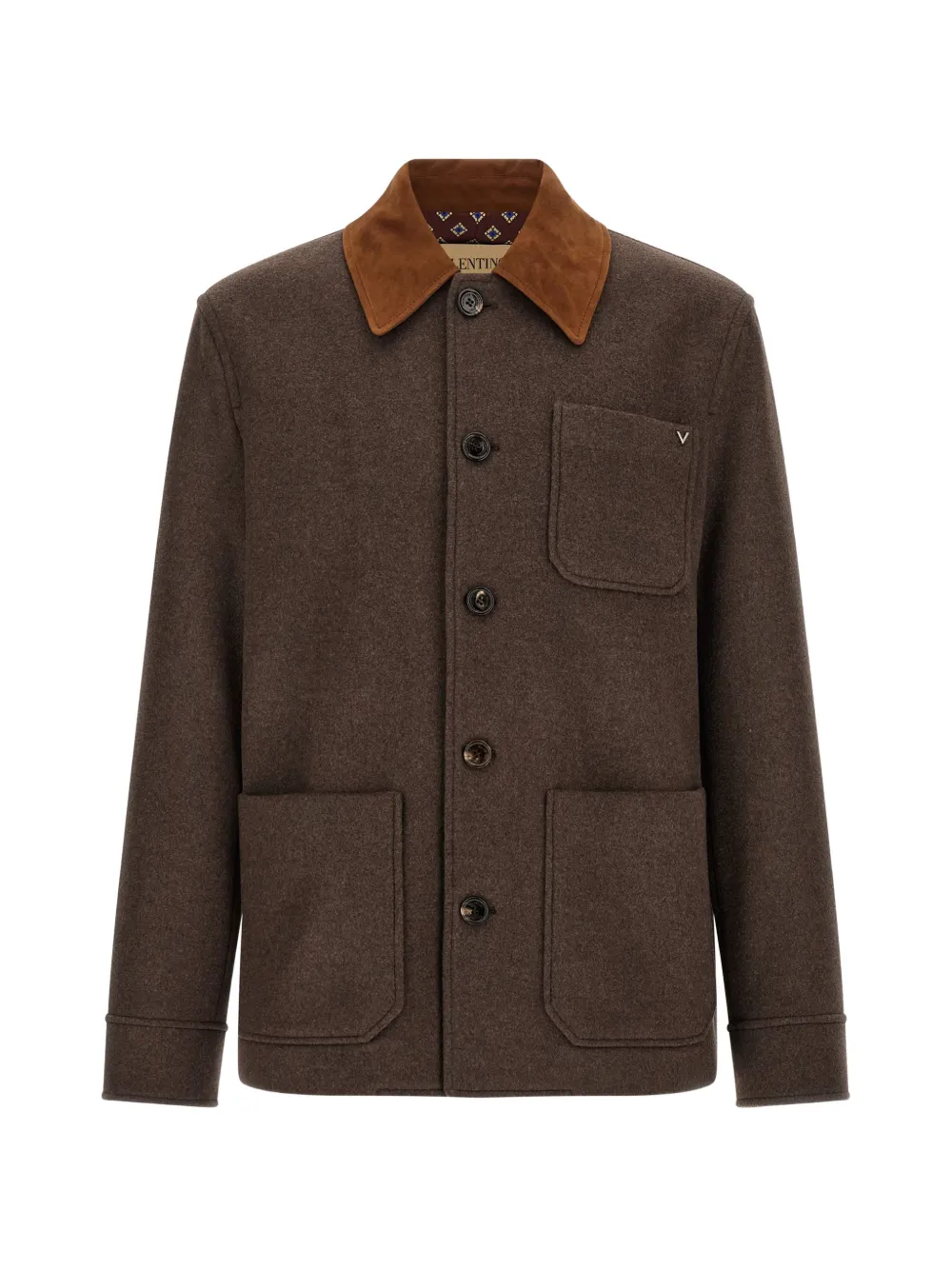Valentino Garavani double wool caban with suede collar and metallic V detail - Marron